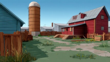 Farmyard scene with barn and silo simplified 2d background clear sky