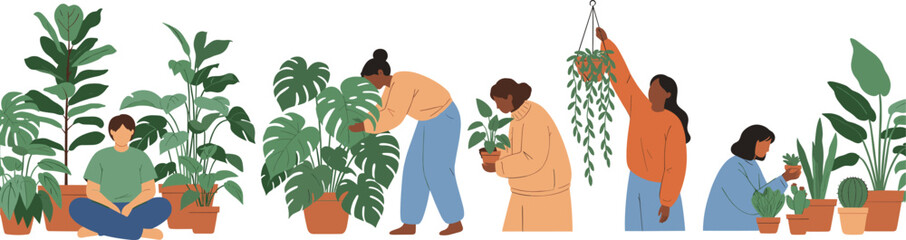 Indoor Plant Care and Urban Gardening Illustration Set Showing People Potting, Watering, Arranging Houseplants, and Creating Green Home Spaces