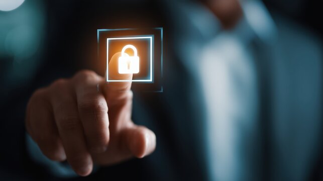Finger touching a digital padlock icon on a futuristic interface for security and privacy - Powered by Adobe