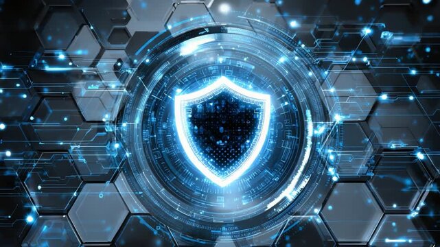 A futuristic shield symbol set against a digital hexagonal background, representing cybersecurity and protection