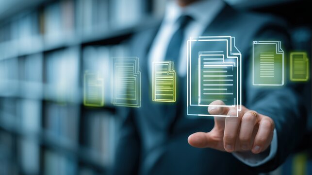 Businessman interacting with digital documents on a futuristic interface - Powered by Adobe