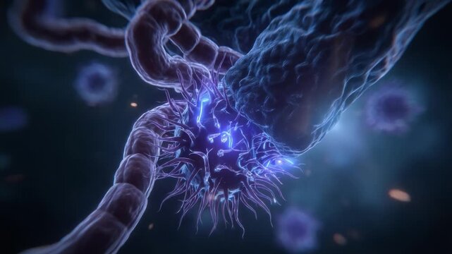 Intricate Interaction of Microbial Life: A Close-Up View of Bacteria Engaging with Immune Cells in a Dynamic Cellular Environment