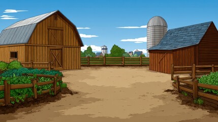 Farmyard 2d background with barn and silo simplified fence viewpoint