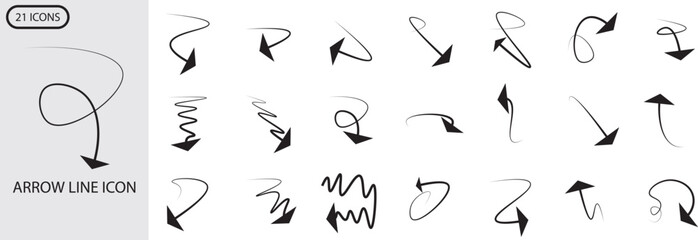 21 Arrows icons set. Line arrows. Vector arrows of various shapes and directions.