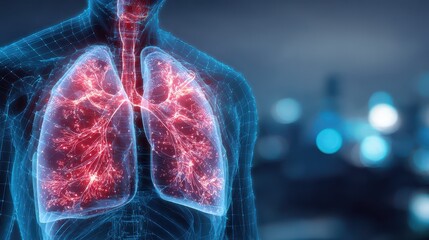 Visual representation of human lungs showing detailed anatomy and respiratory system functions at nighttime