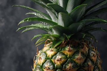 Fresh pineapple sits on a dark surface with droplets of water on its leaves in a kitchen setting during daytime
