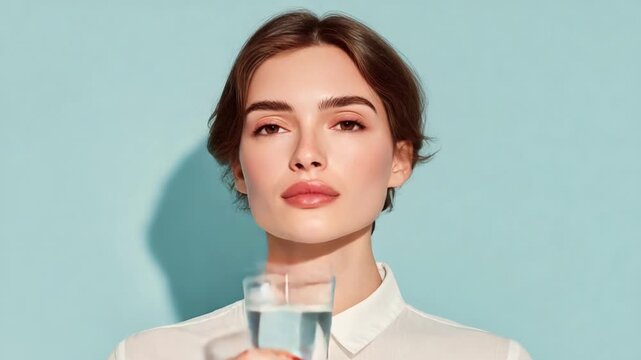 A serene moment captured: a woman with closed eyes gently savoring a refreshing glass of water against a soft blue backdrop, embodying tranquility and hydration.