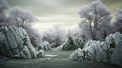 A quiet, frost-covered woodland on a still, overcast winter day.