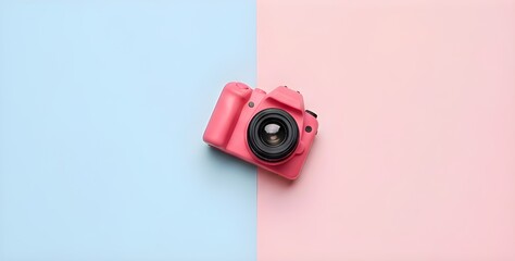 A pink camera in blue and light pink background. HD wallpaper design.