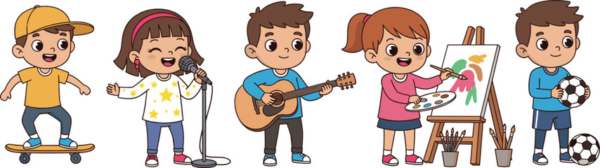 Creative Kids Activities Illustration Set Showing Children Singing, Playing Guitar, Painting on Easel, Skateboarding, and Playing Soccer for Fun and Learning Designs