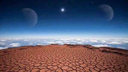 A surreal desert under a starry sky with planets