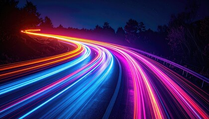 Long exposure shot of car lights on a winding road at night, creating colorful trails