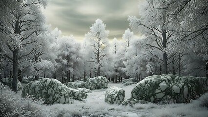 A calm, snowy day in a frosty forest with trees and rocks.