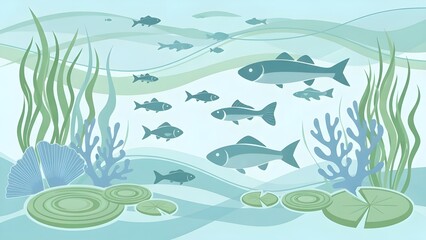 Obraz premium Dynamic underwater world illustration with various fish species swimming gracefully amidst vibrant aquatic plants, green seaweed, and lily pads, depicting a serene marine ecosystem