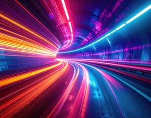 Futuristic tunnel perspective with vibrant neon light trails, digital art