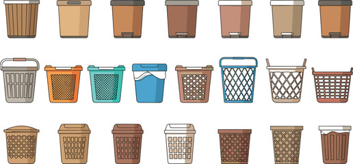 Trash Bin and Waste Container Illustration Set Featuring Plastic, Metal, and Wicker Baskets for Garbage Collection, Recycling, and Household Organization Designs