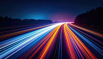 Long exposure captures glowing car light trails along a dark highway under a starry night