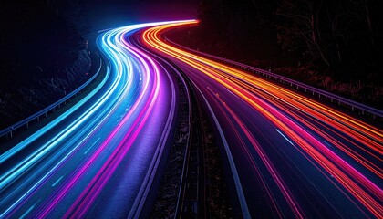 Long exposure shot of a winding highway at night, with illuminated light trails