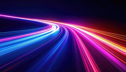 Dynamic, curved abstract of vibrant streaks of light against a deep black backdrop