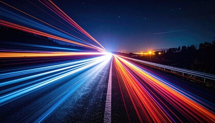 Long exposure captures streaking headlights and taillights on a dark highway, beneath a starry sky