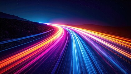 Long exposure shot of car lights racing down highway at dusk, displaying vibrant colors