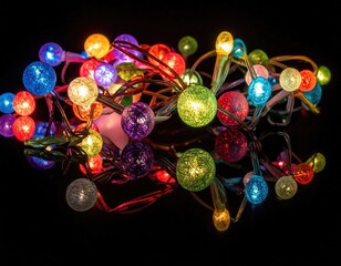 Close-up photo showing a collection of multi-colored, round, twinkling lights against black