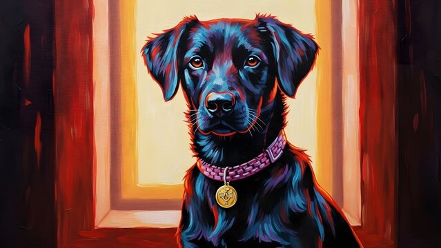 A black dog wearing a pink collar standing in a doorway with a warm light background