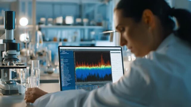Medium shot of a technician analyzing RF spectrum on a laptop assessing mobile network frequency usage and optimizing signal quality in a modern lab environment.