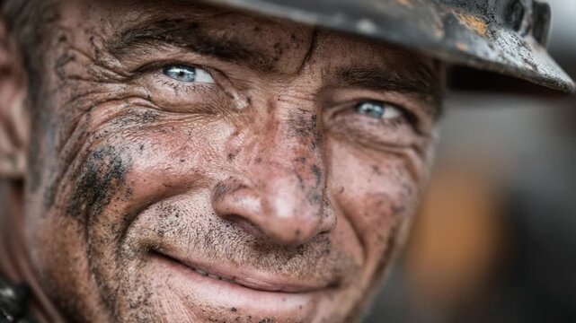 A Close-Up Portrait of a Resilient Soldier, Showcasing Determination Through Grit and Emotion Amidst a Challenging Environment.