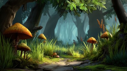 Mushroom gathering adventure in forest clearing 2d background soft grasses
