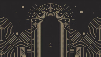 Luxurious black and gold Art Deco archway, intricate geometric triangles, circles, radiating lines, metallic elegance, symmetrical wave patterns, vintage 1920s style, opulent decorative focal design.