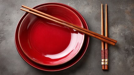 An empty red plate sits serenely with wooden chopsticks poised beside it. The dark background creates a dramatic contrast, setting the stage for a flavorful dining moment to come