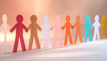 Colorful paper cutouts of people in a line, holding hands, with a warm, soft background