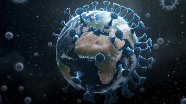 The images depict detailed models of viruses or pathogens. This includes extreme macro "materiality" shots showing surface textures like protein spikes and liquid droplets, as well as broader conceptu