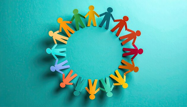 Colorful paper cutout figures holding hands in a circular shape on a teal background