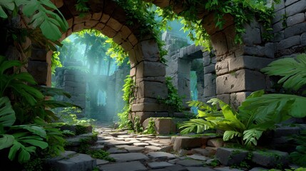 Ancient jungle ruins with stone arches in 2d background lush environment