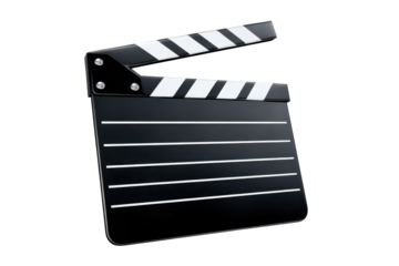 Film clapperboard sits on a clean surface ready for use in a movie scene at the studio during the day