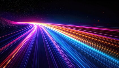 Vivid light trails curve against a dark, starry background, creating a sense of speed