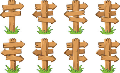 Wooden direction sign illustration set, rustic arrow signposts with grass cartoon style for navigation, road guide vector design