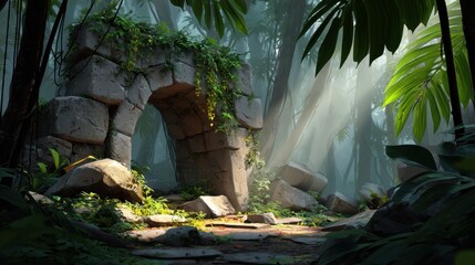 Exploring jungle ruins 2d background of vine-wrapped stone arch lush environment