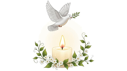 Dove flies over lit candle surrounded by flowers and leaves in peaceful scene