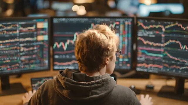 Rear view of focused young man with curly blonde hair in gray hoodie sitting at multi-monitor trading setup, screens filled with vibrant stock market charts, graphs in low-light office with ambient gl