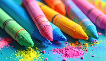 Close-up of colorful crayons arranged against a light-blue surface with scattered pigments