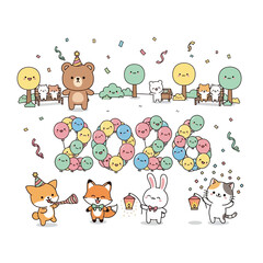 Cute cartoon animals celebrate party with colorful balloons and confetti outside