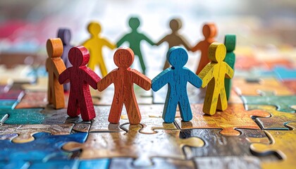 Close-up view of wooden figurines of diverse colors holding hands on a puzzle