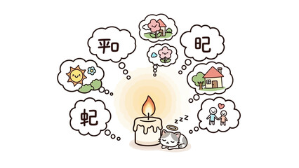 Cute cat sleeps peacefully beside a warm candle with dream bubbles floating up