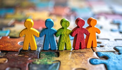Wooden figures of diverse colors link arms on a jigsaw puzzle, symbolizing unity