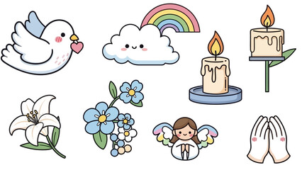 A colorful illustration of a dove, rainbow, candles, flowers, and angel