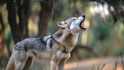 Fototapeta premium A powerful grey wolf howling with its mouth wide open, calling out in a blurred natural forest environment.