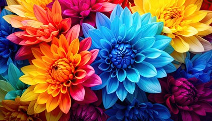 Close-up of vibrant, fully bloomed flowers, showcasing a rainbow of radiant hues